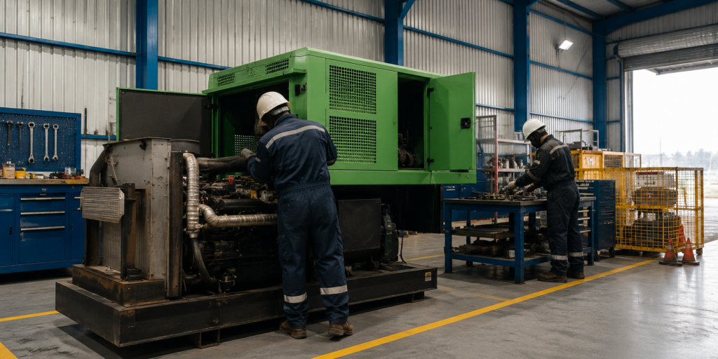 Servicios Técnicos Industriales GIS en Taller Especializado Técnicos especializados realizando mantenimiento industrial a grupos electrógenos en taller equipado para servicios técnicos industriales.